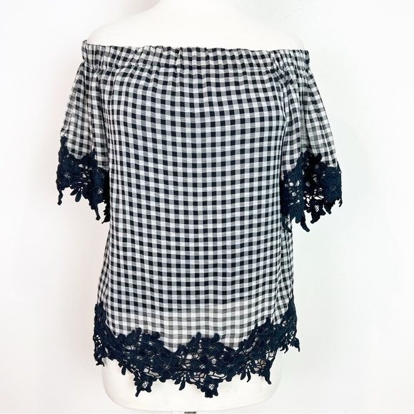 Bailey 44 Tops - BAILEY 44 NAVY GRAY GINGHAM PLAID OFF SHOULDER EYELET TRIM BLOUSE WOMENS SMALL